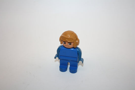 Duplo® Figur - Pilot, Rennfahrer alt - blauer Anzug und braunem Helm - Gebraucht