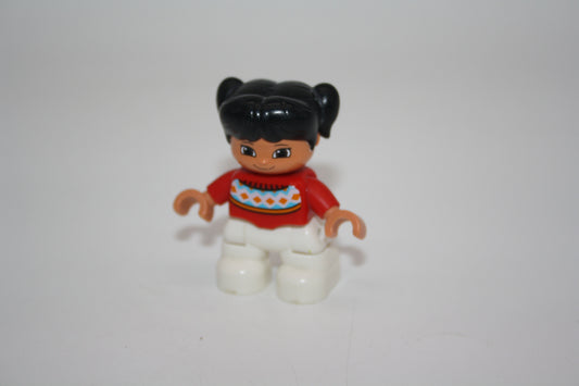 Duplo - schwarzhaariges Mädchen - Zöpfe - weiße Hose/roter Pulli - Figur